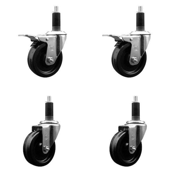 4'' Phenolic Swivel 1-1/8'' Expand Stem Caster Set 2 Total Lock Brakes, 4PK